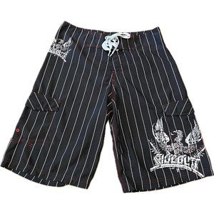 SIDEOUT Black and White Stripe Eagle Board Shorts Swim Trunks Surf Beach